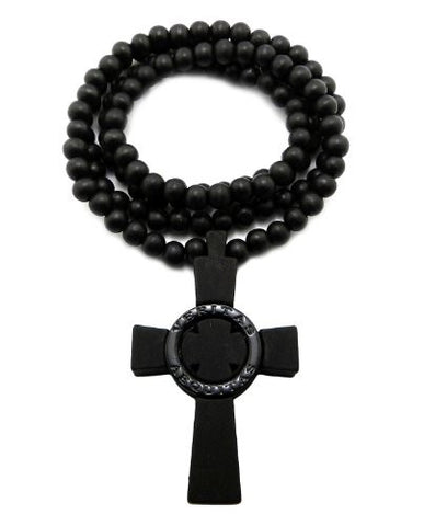 Jet Black Wooden Veritas Aequitas Cross 8mm 36" Ball Chain Necklace XJ209BKBK
