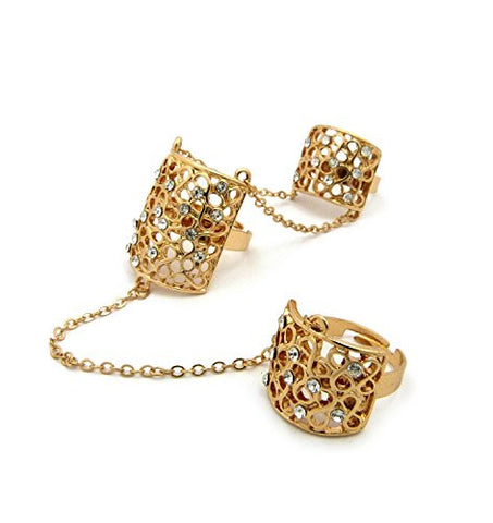 Women's Stone Studded Filigree Slave Chain Link Finger Rings in Gold-Tone