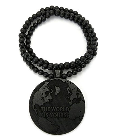 The World is Yours Wood Globe Pendant 36" Wooden Bead Chain Necklace in Black-Tone WX75BK