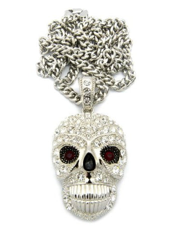 Smile Skull Head Iced Out Pendant w/ 36" Cuban Link Chain - Silver Tone CP133R