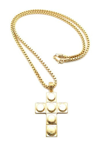 Gold Tone Toy Block Style Cross Micro Pendant 3mm 24" Box Chain Necklace SP1GBX