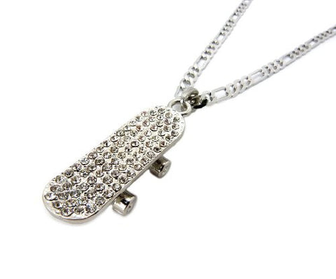 Pave Skateboard Pendant w/ 5mm 24" Figaro Chain in Silver Tone MSP185R