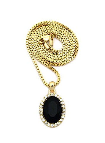 Pave Oval Faux Onyx Stone Pendant w/ 2mm 24" Box Chain Necklace in Gold-Tone