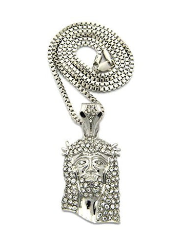 Iced Out Jesus Face Pendant w/ 2.5mm 24" Box Chain Necklace in Silver-Tone