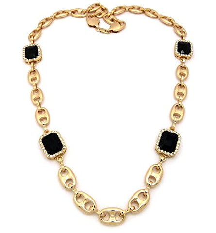 Pave Black Stone Pendant 12mm 34" Mariner Chain Necklace in Gold-Tone