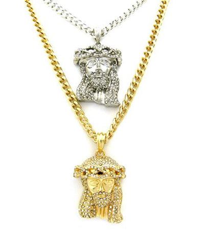 Paved Jesus Micro Pendants w/ Varying Cuban Link Chain - Gold/Silver Tone RC352