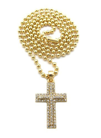Stacked Rhinestone Cross Micro Pendant 3mm 27" Ball Chain Necklace in Gold-Tone