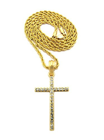 Thin Slim Rhinestone Cross Pendant 3mm 24" Rope Chain Necklace in Gold-Tone