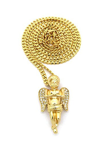 Pave Praying Cherub Pendant 3mm 30" Diamond-Cut Cuban Link Chain Necklace in Gold-Tone