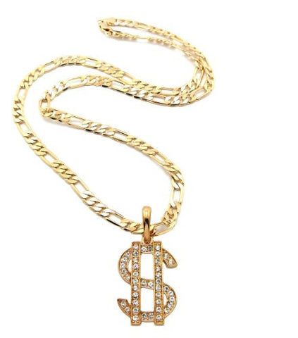 Iced Out Dollar Sign Necklace with 5mm 24" Figaro Chain - Gold-Tone