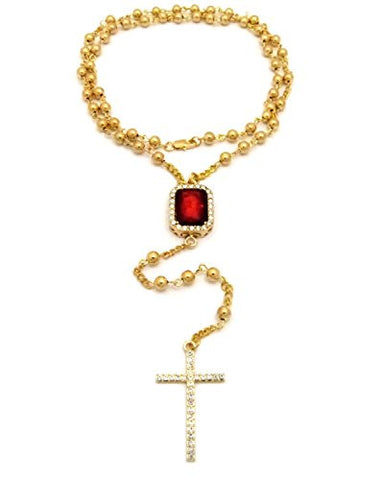 Bead Chain Rosary Necklace w/ Pave Ruby and Stone Cross Micro Pendants