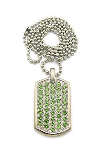 Lime Green Rhinestone Paved Dog Tag Pendant with 30" Ball Chain Necklace - Silver-Tone CP145
