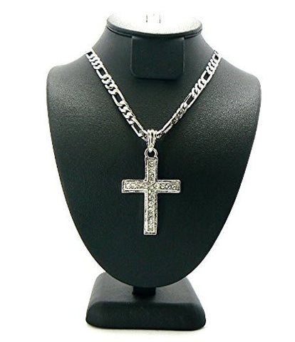Rhinestone Silver Tone Cross Pendant w/ 5mm 24" Figaro Chain MSP142R