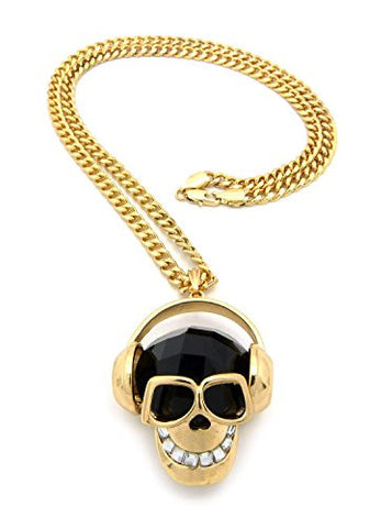 Smiley Headphone Skull Necklace with 5mm 24" Cuban Link Chain - Gold-Tone