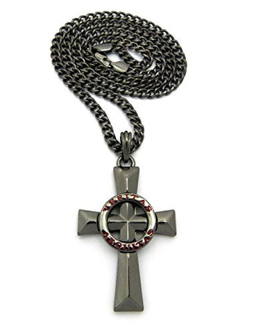 Polished Silver-Tone Red Veritas Aequitas Pendant 5mm 24" Cuban Chain Necklace in Hematite-Tone