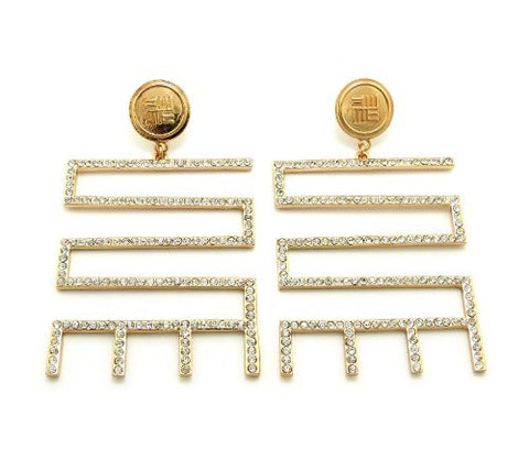 Pave Egyptian Hieroglyph Design Drop Earrings in Gold-Tone