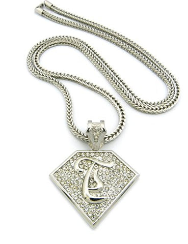 Initial T Iced Out Rapper Pendant w/ 4mm 36" Franco Chain - Silver Tone XP938RFC
