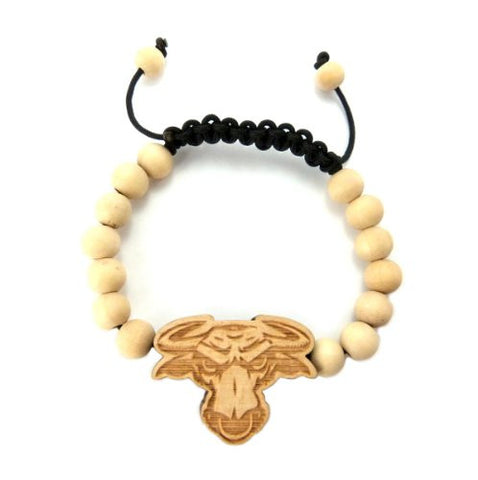Bull Head Wooden Pendant Wood Bead Chain Bracelet in Natural-Tone WB21NL