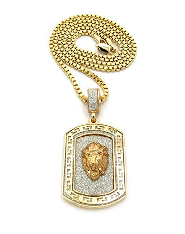 Lion Head Dog Tag Pendant 2.5mm 24" Box Chain Necklace in Gold-Tone