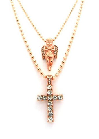 Pave Cross & Praying Angel Micro Pendant Ball Chain Set - Rose Gold Tone RC372RG