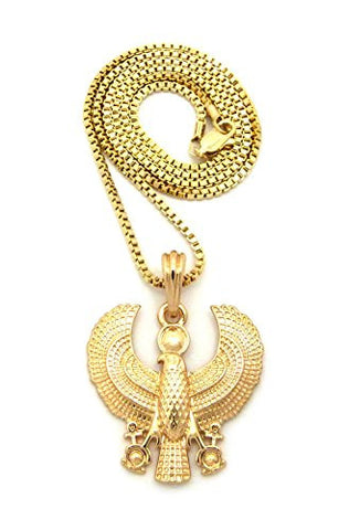 Polished Egyptian Horus Falcon Pendant 2mm 24" Box Chain Necklace in Gold-Tone