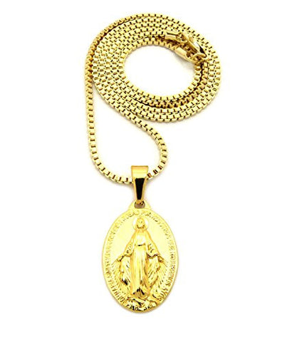 Plain Stainless Steel St. Mary Miraculous Medal 2mm 24" Box Chain Necklace in Gold-Tone
