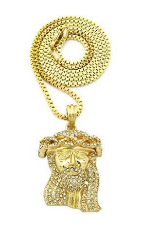 Crown of Thorns Jesus Iced Out Micro Pendant 24" Box Chain - Gold Tone MMP47GBX