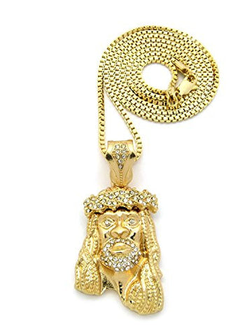 Rhinestone Jesus Pendant with 30" Box Chain Necklace in Gold-Tone XZ12GBX