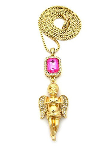 Pink Stone w/ Stone Stud Prayer Angel Pendant 2mm 30" Box Chain Necklace in Gold-Tone
