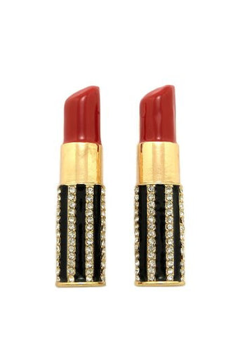 Red Rhinestone Stripe Lipstick Earrings in Gold-Tone