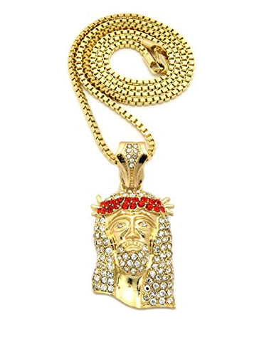 Red Stone Stud Jesus Face Pendant w/ 2.5mm 24" Box Chain Necklace in Gold-Tone