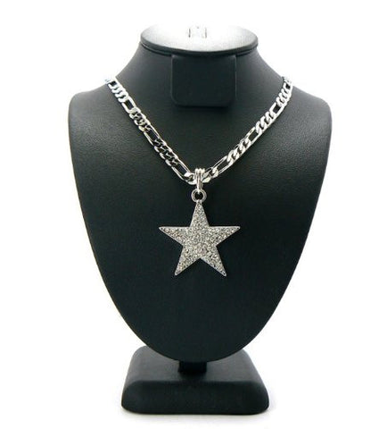 Paved Micro Star Pendant w/ 5mm 24" Figaro Chain in Silver Tone MSP132R