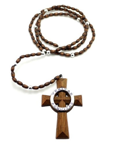 Wooden Veritas Aequitas Cross Pendant w/ Rosary Necklace