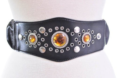 Women Wide Stone Decorated Stretch Belt With Button Snap On Buckle