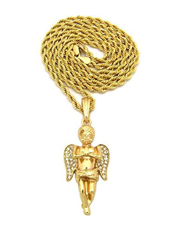 Pave Praying Angel Pendant 3mm 30" Rope Chain Necklace in Gold-Tone