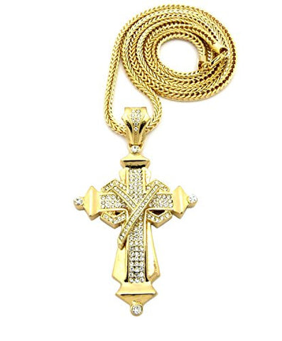 Pave Cross Necklace with 4mm 36" Franco Chain - Gold Tone MLP039G