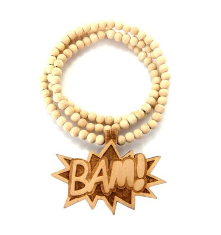 Bam! Bomb Engraved Wood Pendant 36" Wooden Bead Chain Necklace