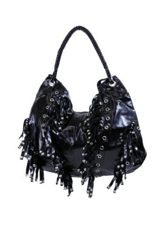 Ladies' Unique Metal Stud Lace Faux Leather Shoulder/Handbag BLACK FBG1618BK