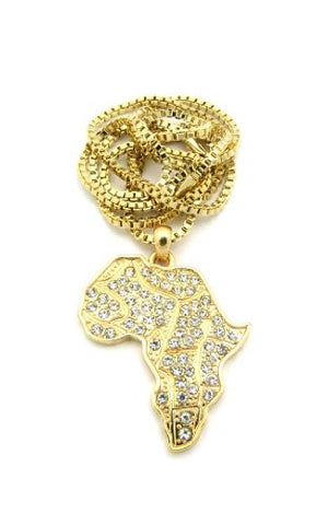 Iced Out Africa Micro Pendant w/ 2mm 24" Box Chain in Gold Tone XMP15GBX