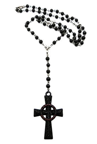 Truth & Justice Iced Out Veritas Aequitas Cross Pendant 6mm Glass Bead Rosary Necklace in Black