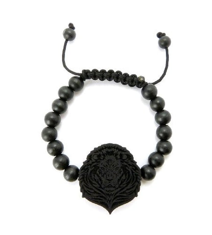 Wooden Lion Head Pendant Wood Bead Chain Bracelet in Black-Tone WB14BK