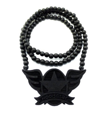 Hoodstar Wood Pendant 36" Wooden Bead Chain Necklace in Black-Tone WJ193BK