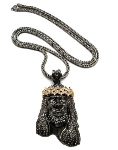 Iced Out Two-Tone Jesus Pendant 4mm 36" Franco Chain Necklace in Hematite/Gold-Tone