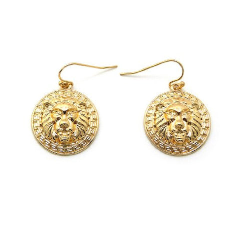 Celebrity Style Lion Head Charm Hook Earrings in Gold-Tone XE1083G