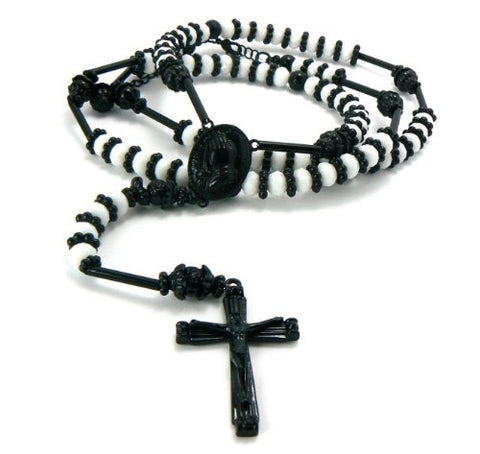 Praying Hands Crucifix Cross Pendant 39" White Glass Bead Rosary Necklace - Black/White HR200BKWH