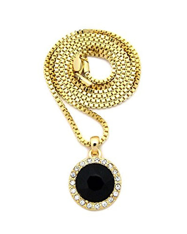 Pave Round Faux Onyx Stone Pendant w/ 2mm 24" Box Chain Necklace in Gold-Tone