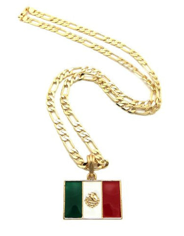 Mexico Flag Pendant with 5mm 24" Figaro Chain Necklace - Gold-Tone