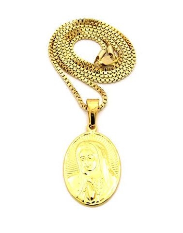 Solid Stainless Steel Oval Praying Mother Mary Pendant 2mm 24" Box Chain Necklace in Gold-Tone