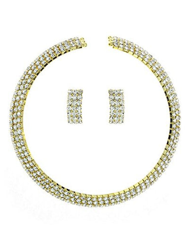 Clear 3 Row Elastic Flexing Rhinestone Choker Necklace and Earrings Jewelry Set