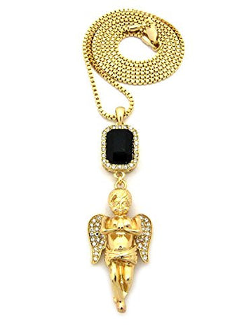 Faux Onyx Stone w/ Stone Stud Prayer Angel Pendant 2mm 30" Box Chain Necklace in Gold-Tone